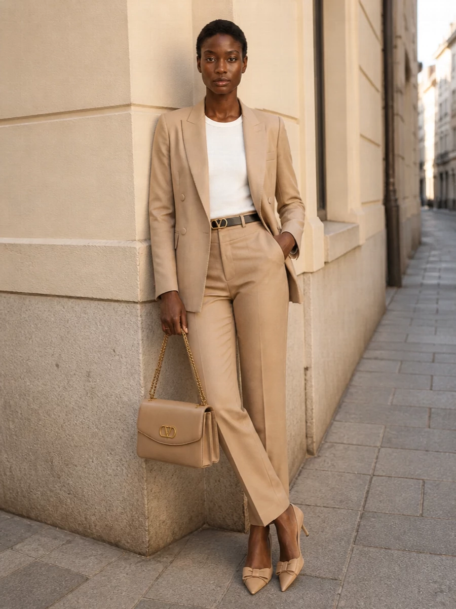 Valentino camel pantsuit nude slingbacks belt