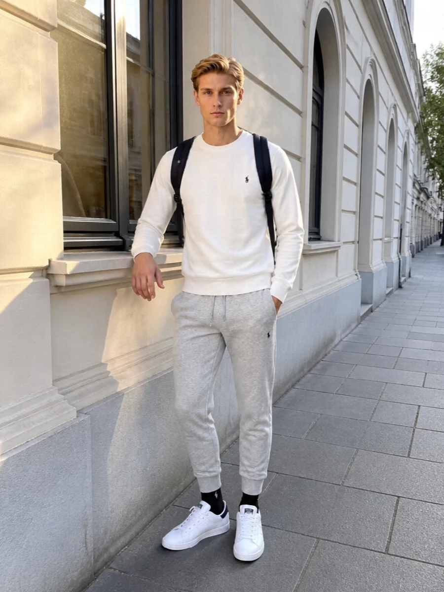 Ralph lauren grey joggers off white sweatshirt