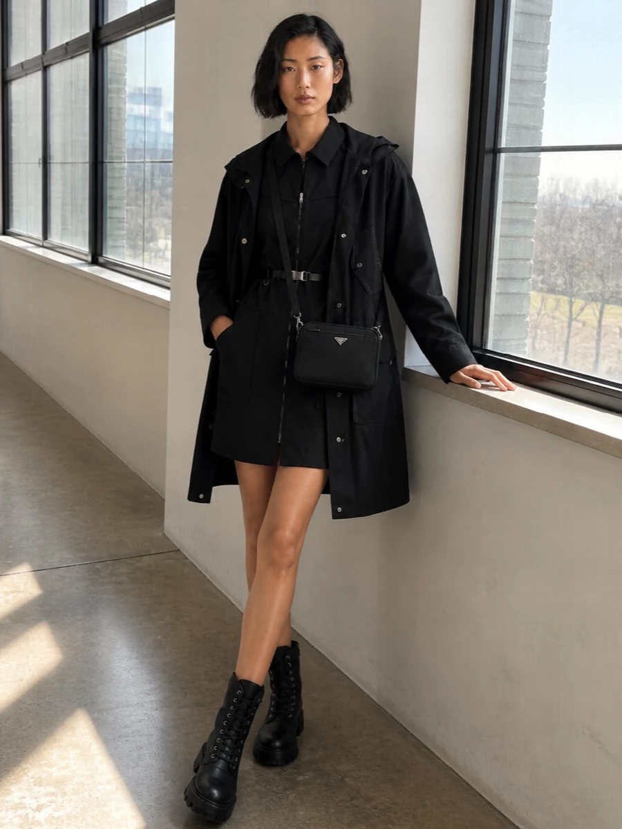 Prada black parka utility mini dress outfit