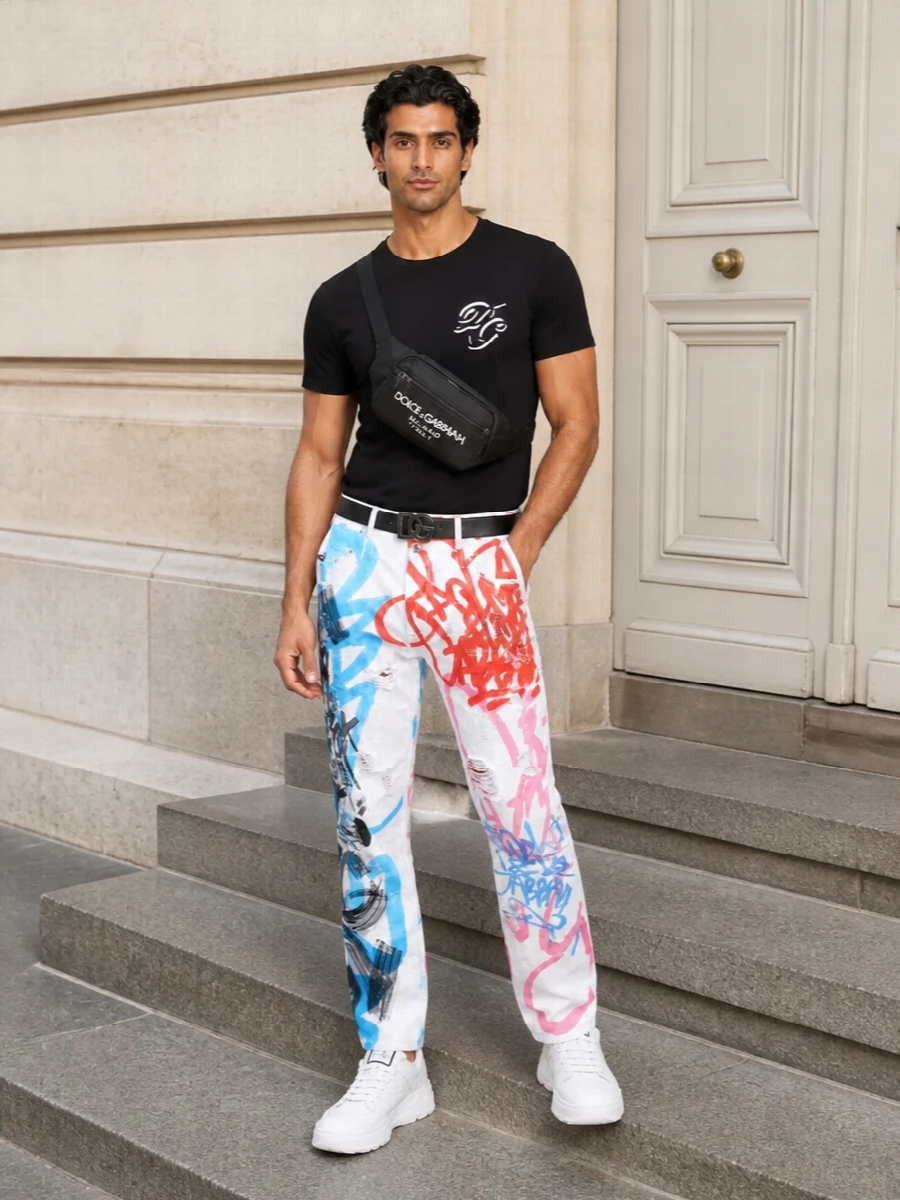 Dolce gabbana graffiti jeans white sneakers outfit