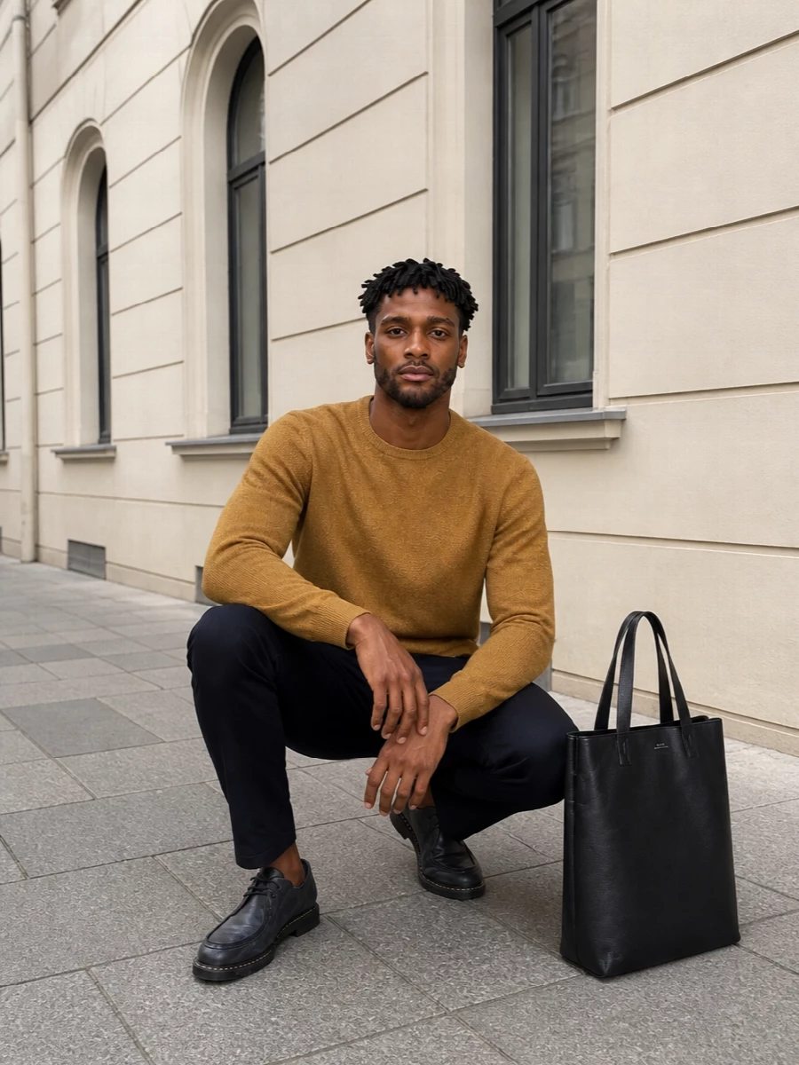 Barbour ochre sweater navy boss trousers