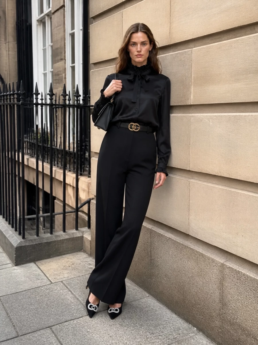 This look leans into a monochrome Gucci evening mood: the ruffled black satin blouse flowing into high-rise, fluid wide-leg trousers for a long, romantic silhouette. A crystal-detailed black suede pump and sculptural black top-handle bag keep the palette disciplined while adding just enough shimmer, with a quilted GG belt subtly cinching the waist for a perfectly controlled, quiet-luxury finish.