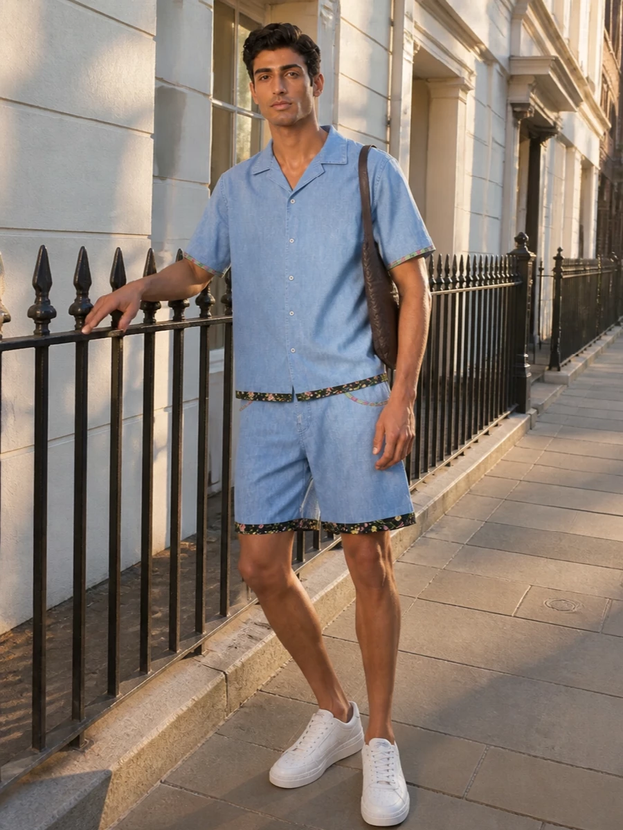 This look leans into the Valentino set story: the floral-trim light denim shirt and matching shorts form a relaxed, romantic co-ord that feels effortless yet unmistakably couture. Clean white sneakers keep the silhouette modern and fresh, while the sculptural dark leather crossbody adds a discreet, luxurious counterpoint that grounds all the lightness.