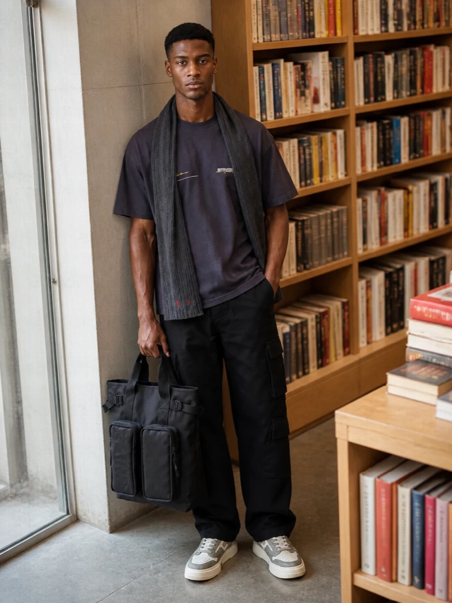 Washed black cargos ground the charcoal-purple Represent tee in a clean, relaxed line that stacks neatly over neutral chunky sneakers. The muted base lets the small mustard and white graphics do the talking, while the charcoal scarf adds low-key warmth and a hint of colour for colder days. The result is an easy off-duty streetwear uniform that feels considered but still unfussy for everyday wear.