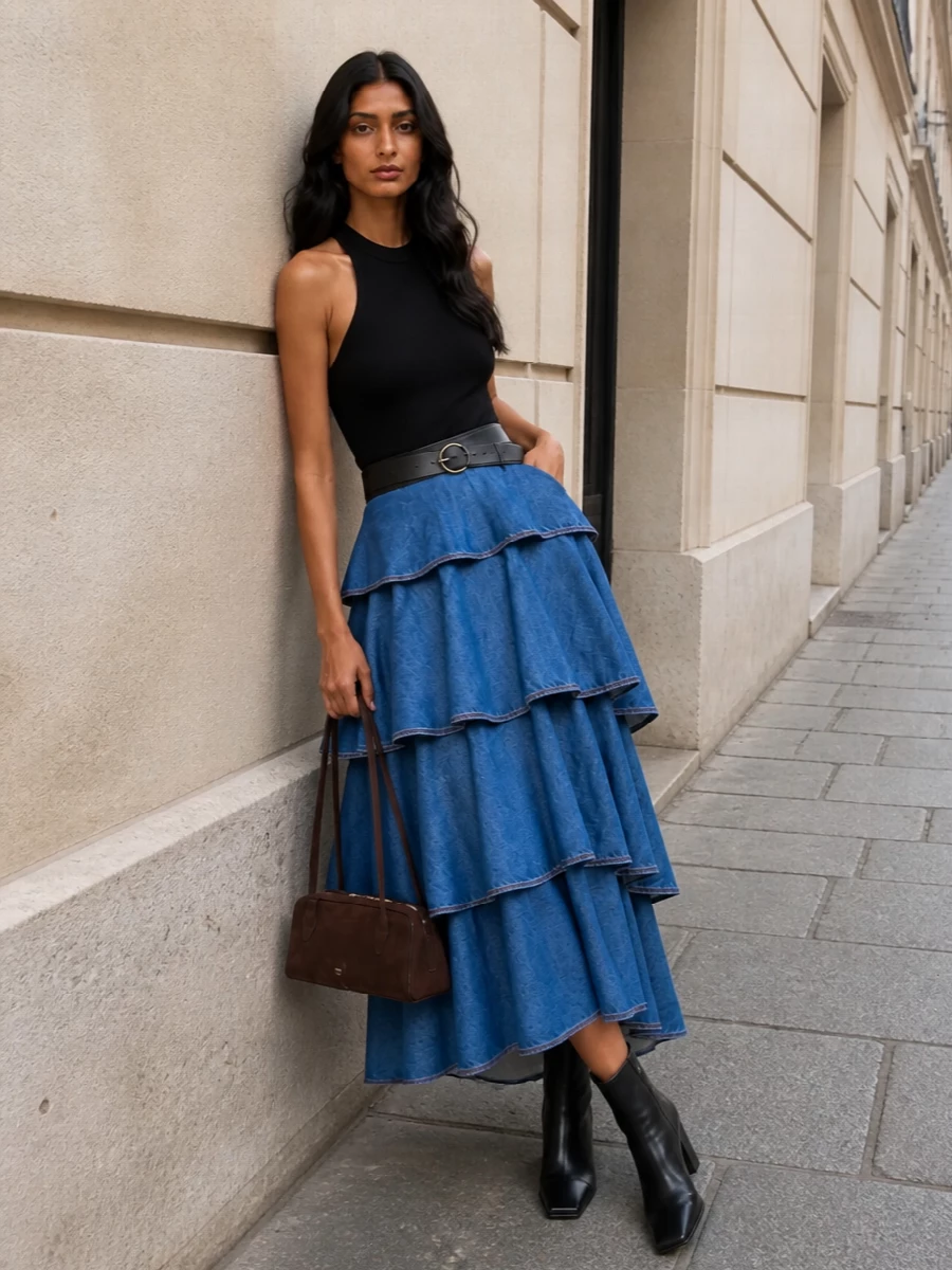 Alaia tiered denim skirt black bodysuit outfit
