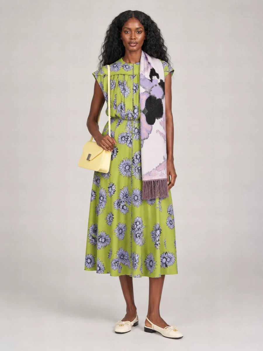 Lanvin Silk Floral-Print Draped Asymmetric Midi Dress