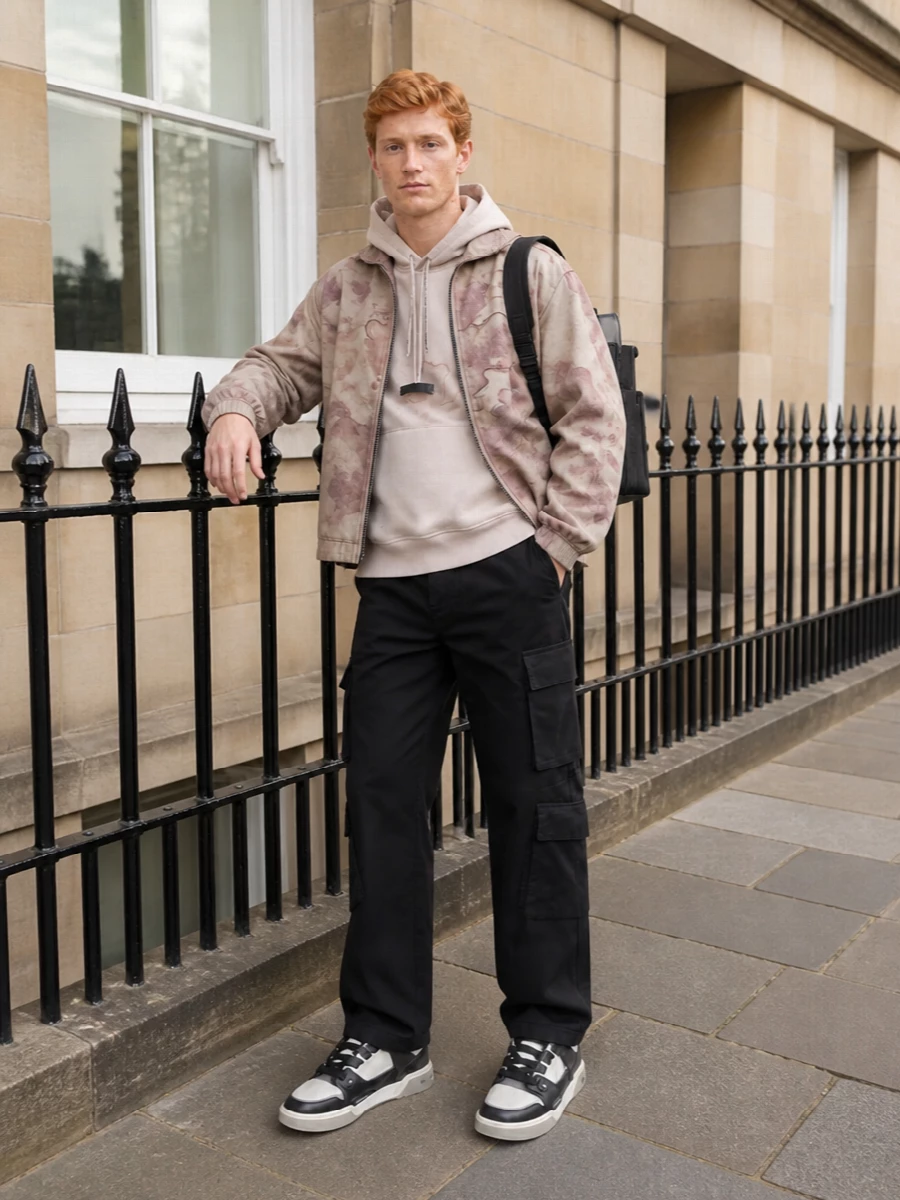 Represent camo jacket black cargo outfit