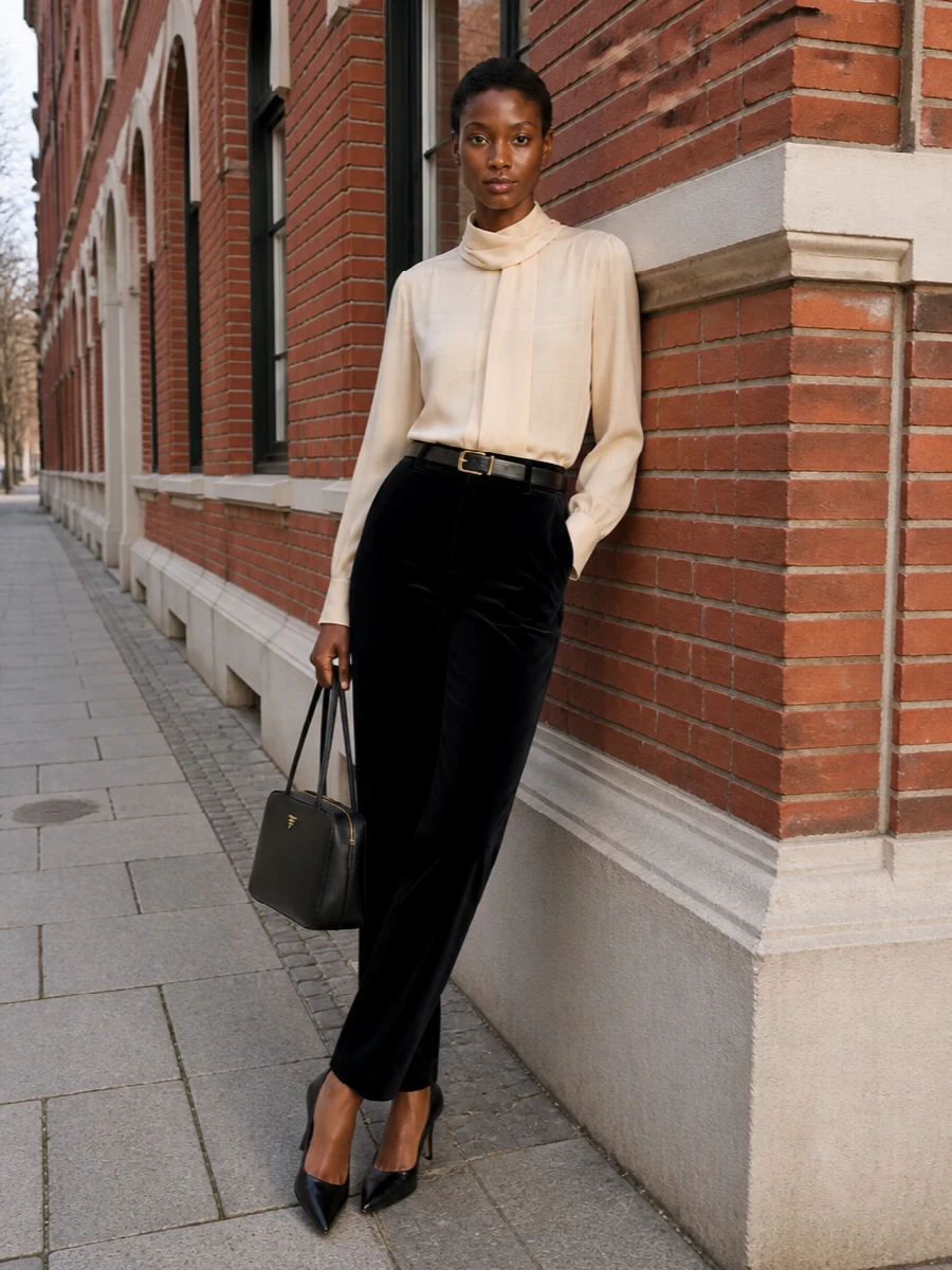 Prada velvet trousers silk blouse pumps