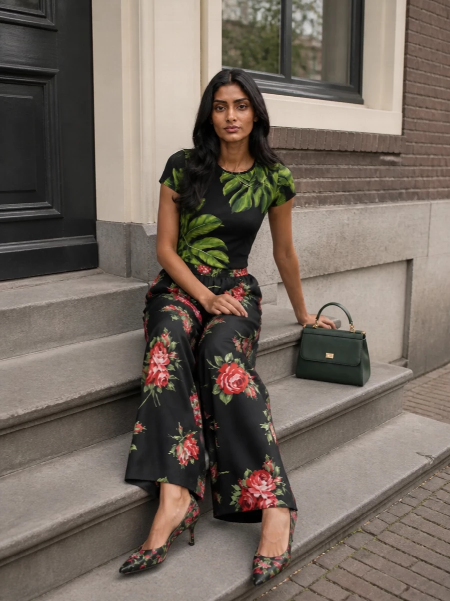 Dolce&Gabbana’s tropical tee meets sweeping black floral trousers for a romantic, print-rich take on summer dressing that still feels polished. Rose-print kitten-heel slingbacks and a structured forest-green top-handle bag pull the palette together, while a small floral scarf adds a final, feminine accent without competing for attention.