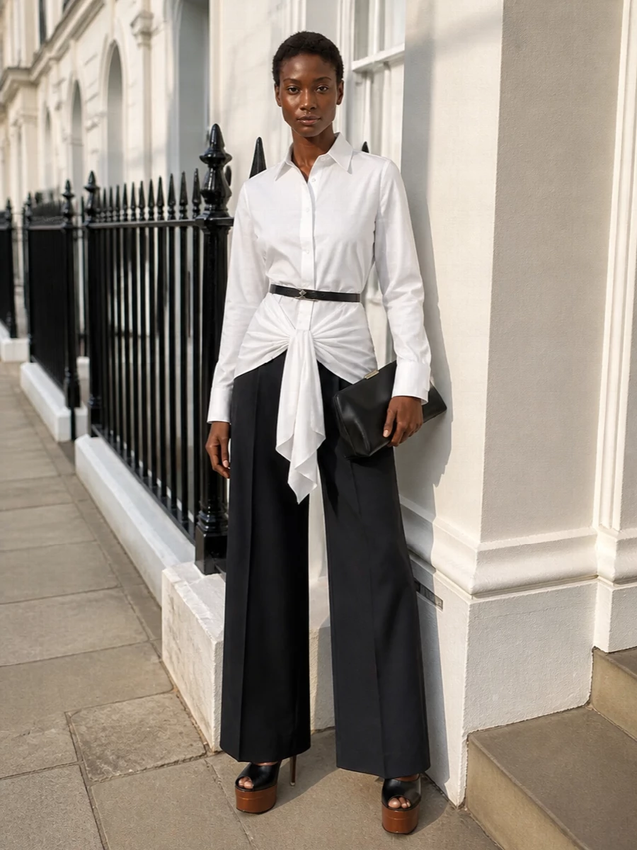 Attico wide leg trousers white shirt outfit