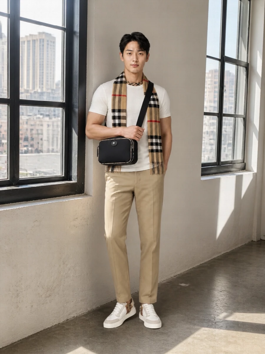 Burberry mens khaki chinos white tee outfit