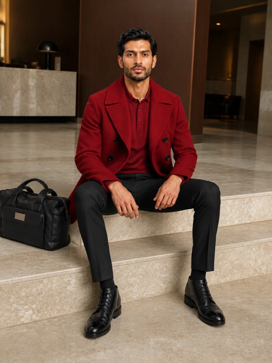 Dolce gabbana red peacoat charcoal trousers outfit