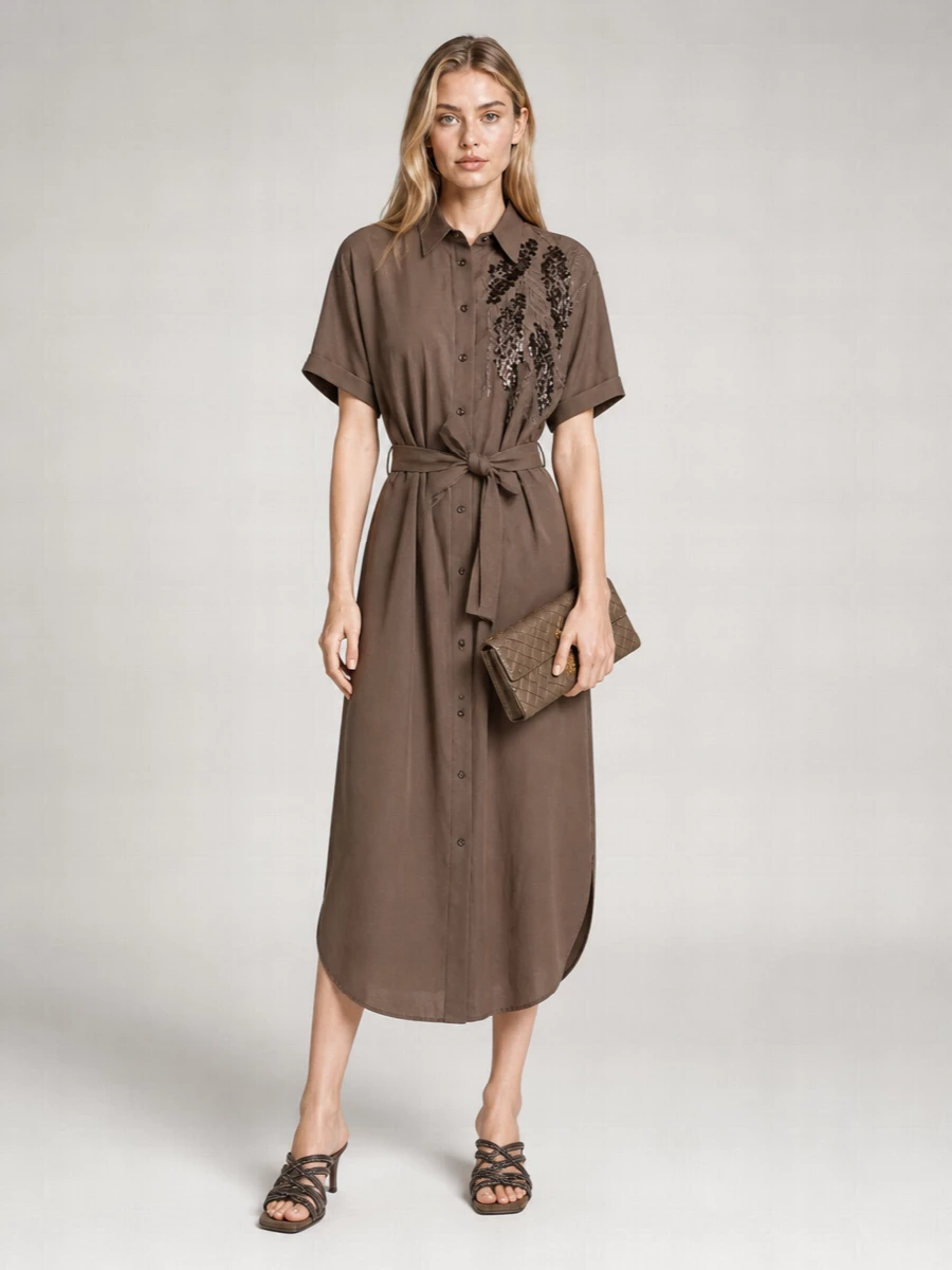 Brunello Cucinelli Cotton Sequined Belted Shirt Midi Dress