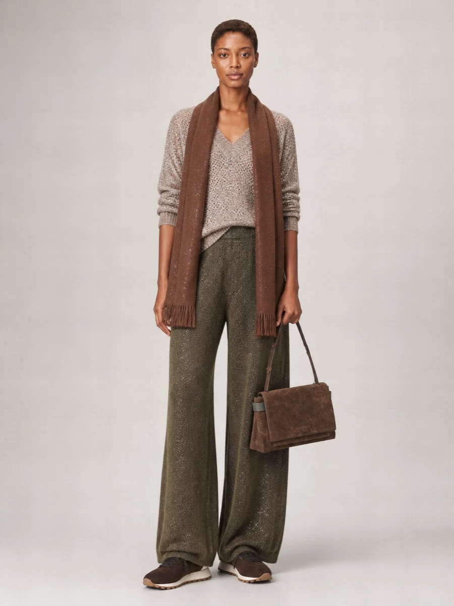 Brunello Cucinelli Mohair Wool Wide-Leg Lace Trousers