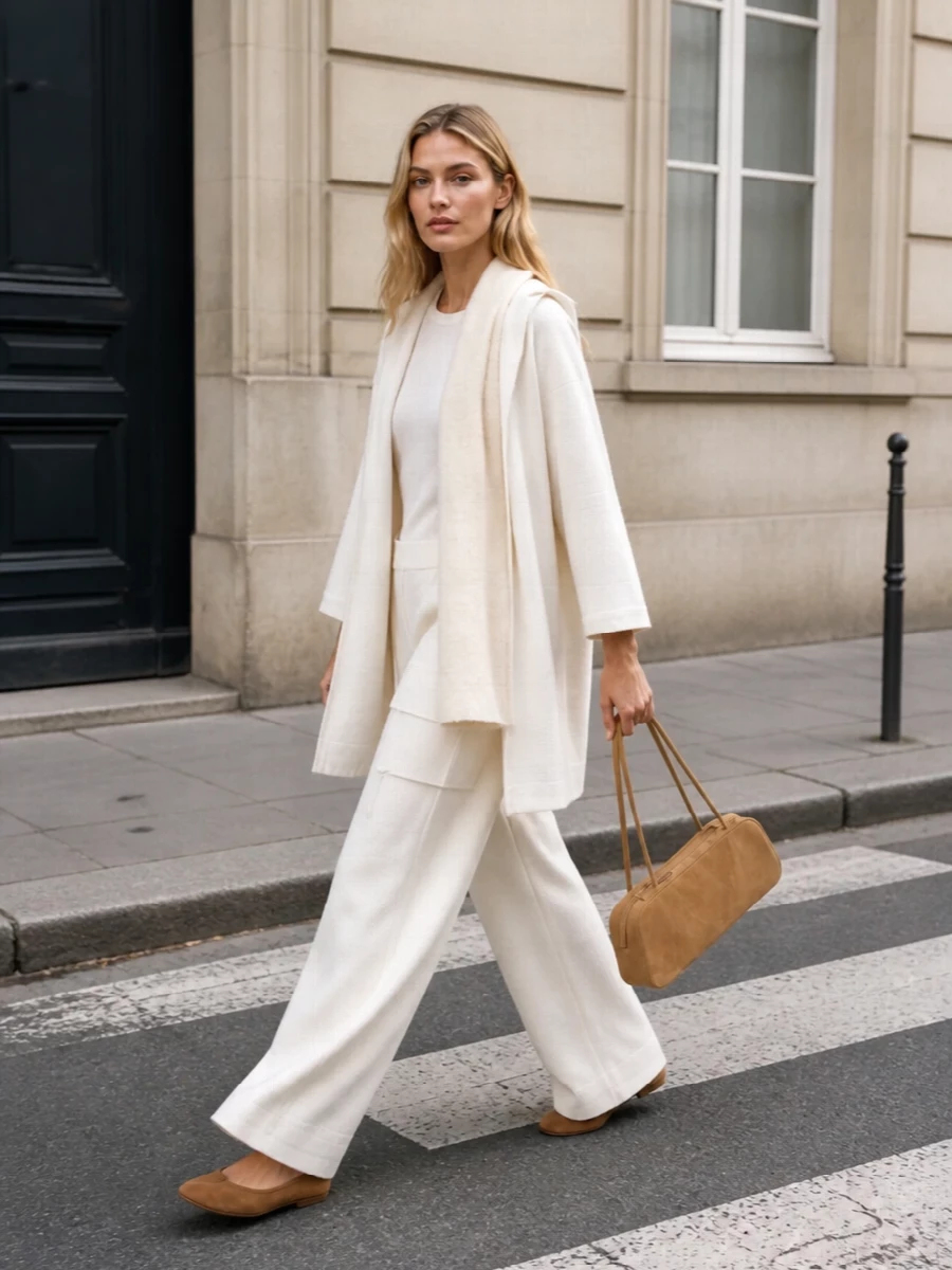 Max mara ivory knit hoodie wide leg trousers outfit