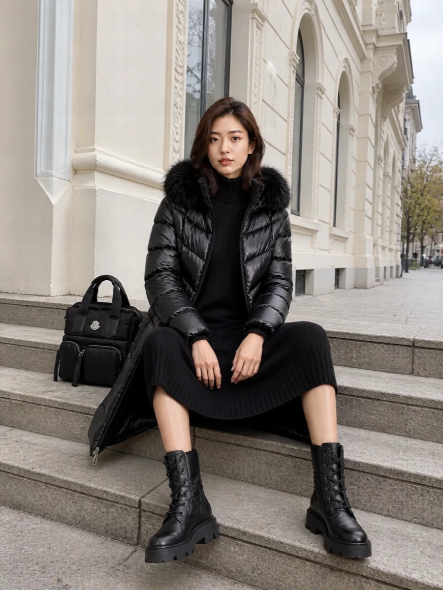 Moncler black down coat sweater dress boots