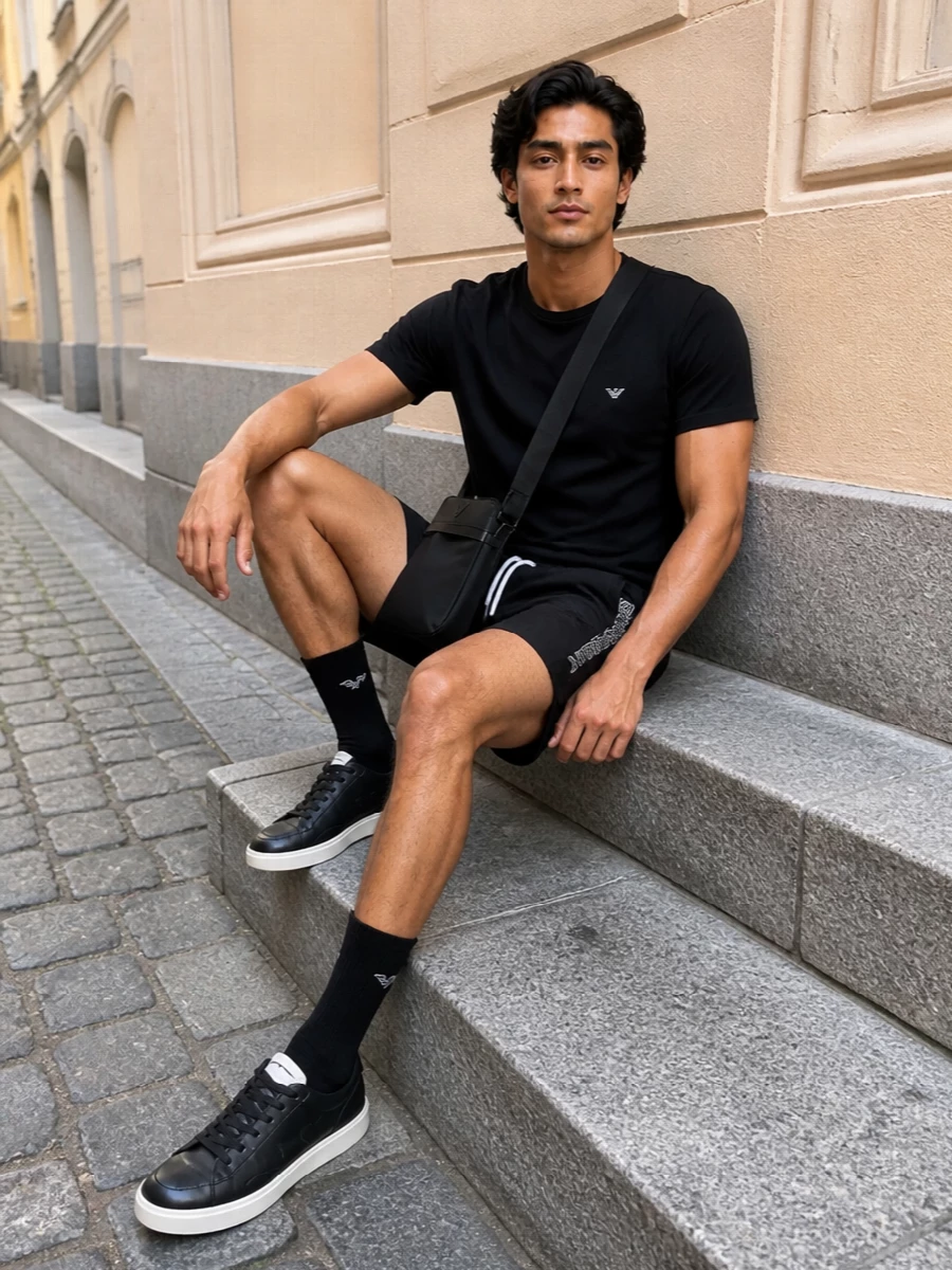 A black-on-black Emporio Armani base with sharp white logo hits keeps the mood clean, athletic and graphic. The sneakers and crossbody repeat that black-and-white contrast, so the whole outfit reads like a considered city-ready pool-to-street uniform. It is minimal, branded and easy to wear from hotel lobby to boardwalk and back again.