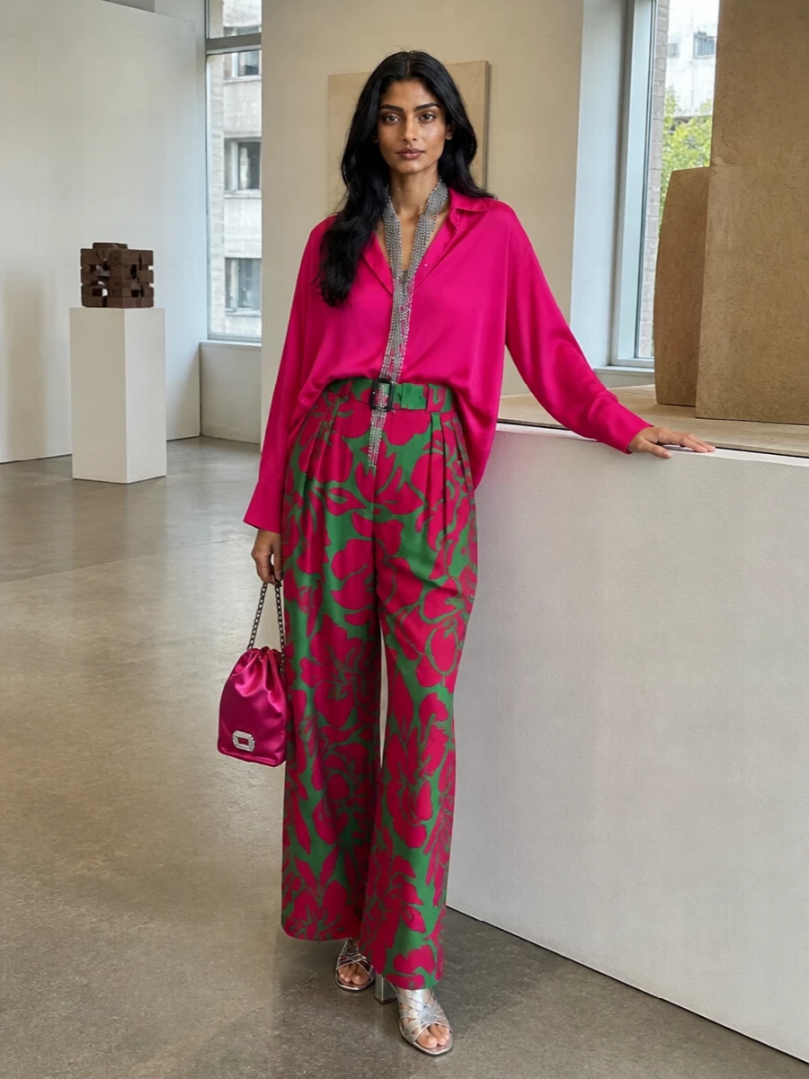 Dries van noten fuchsia shirt floral wide leg trousers