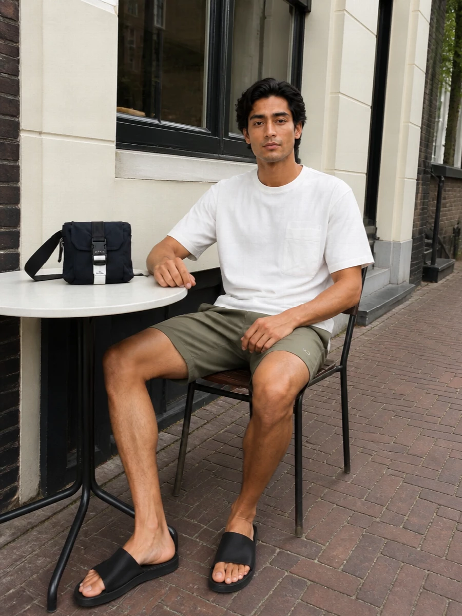Oakley swim shorts white tee black slides