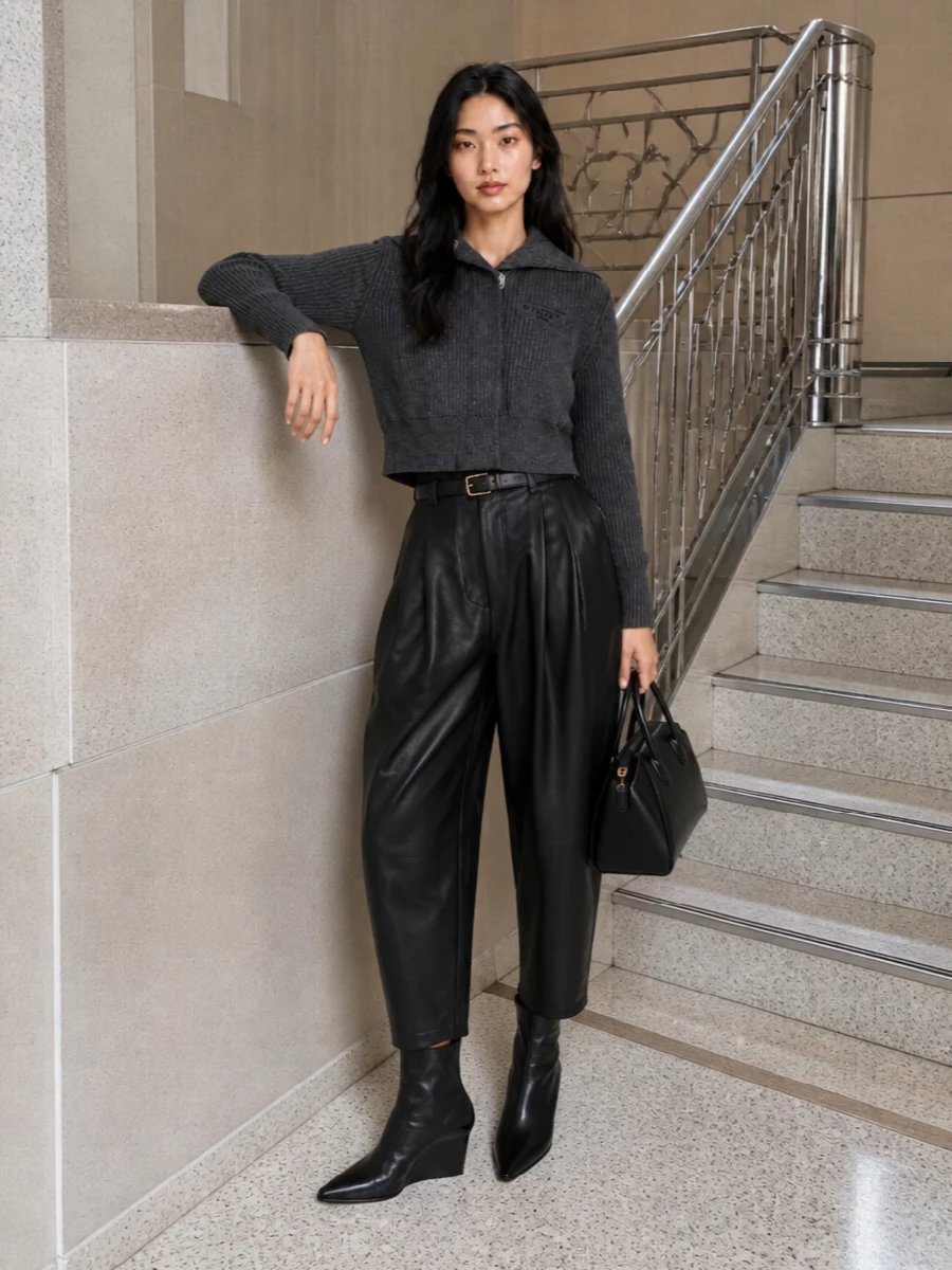 Givenchy black barrel trousers cropped cardigan outfit