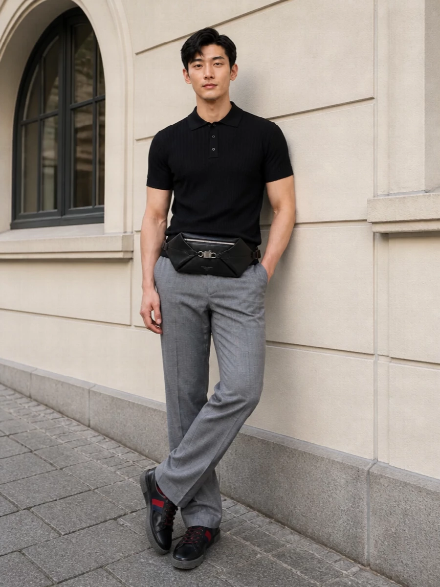 A black ribbed knit polo and slate-grey check trouser give the sneakers a preppy, city-ready frame instead of leaning into full athleisure. The result is smart enough for dinner but relaxed enough for all-day wear. The belt bag keeps the silhouette streamlined and practical without breaking the monochrome story.