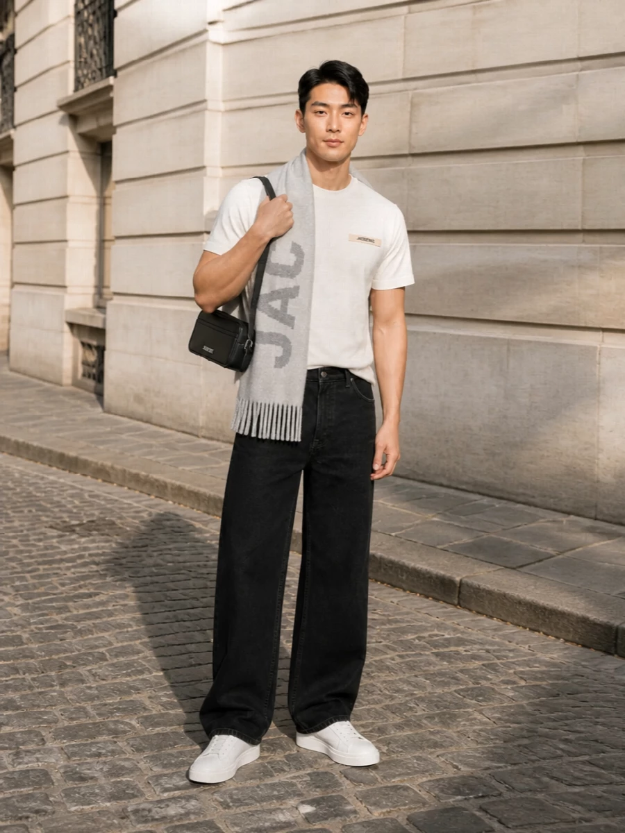 Jacquemus tee black jeans white sneakers outfit
