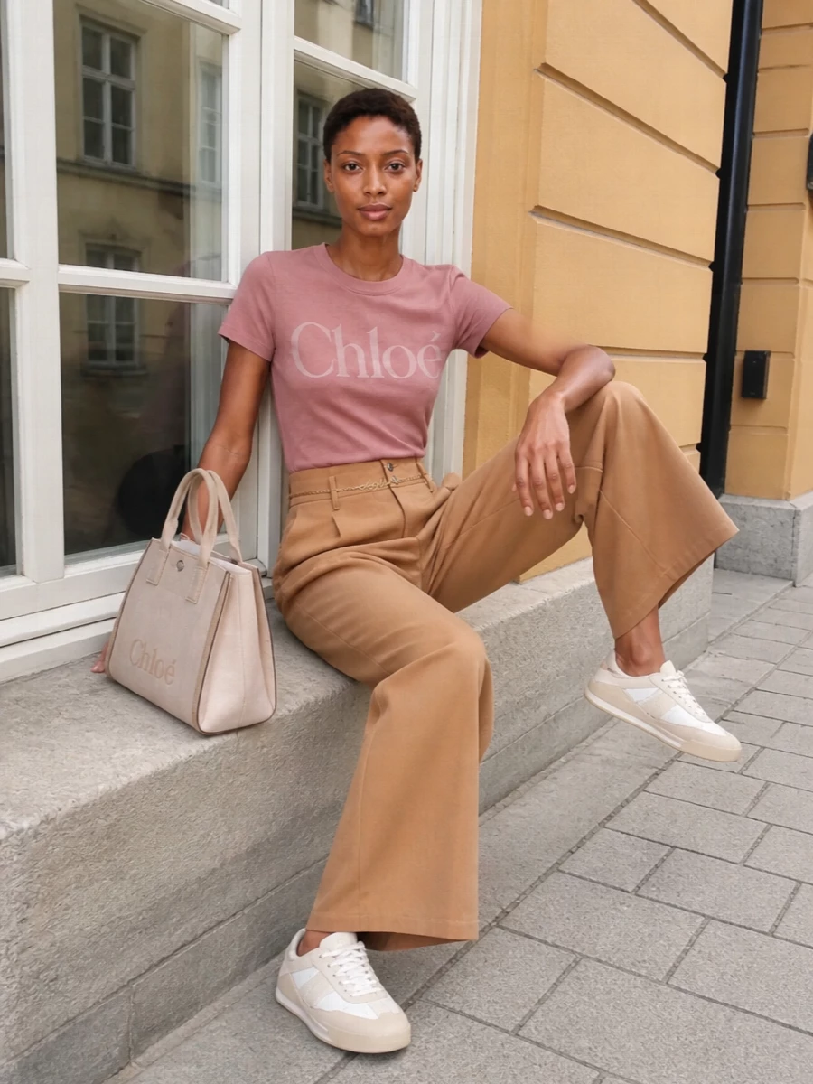 Chloe dusty rose tee camel wide leg pants