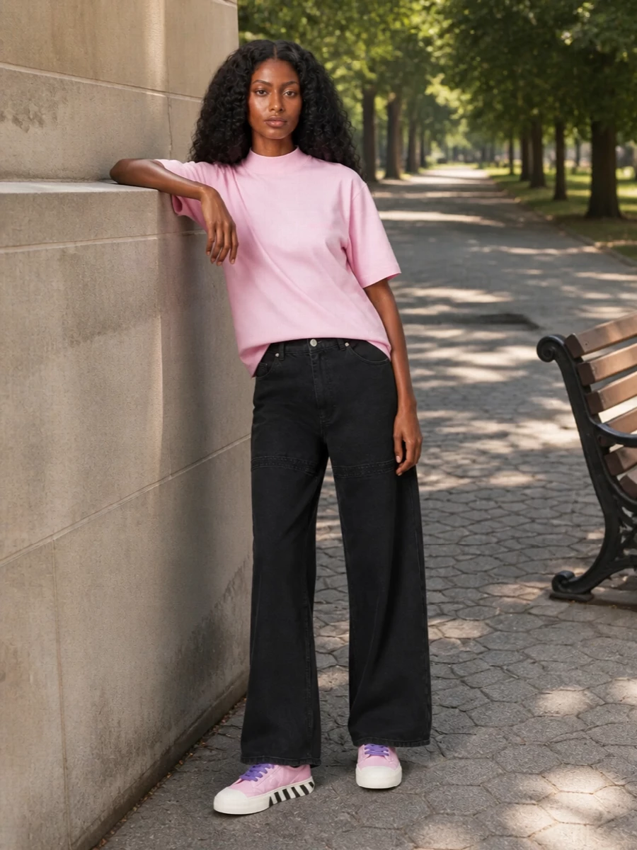 Attico pink mock neck tee wide leg jeans
