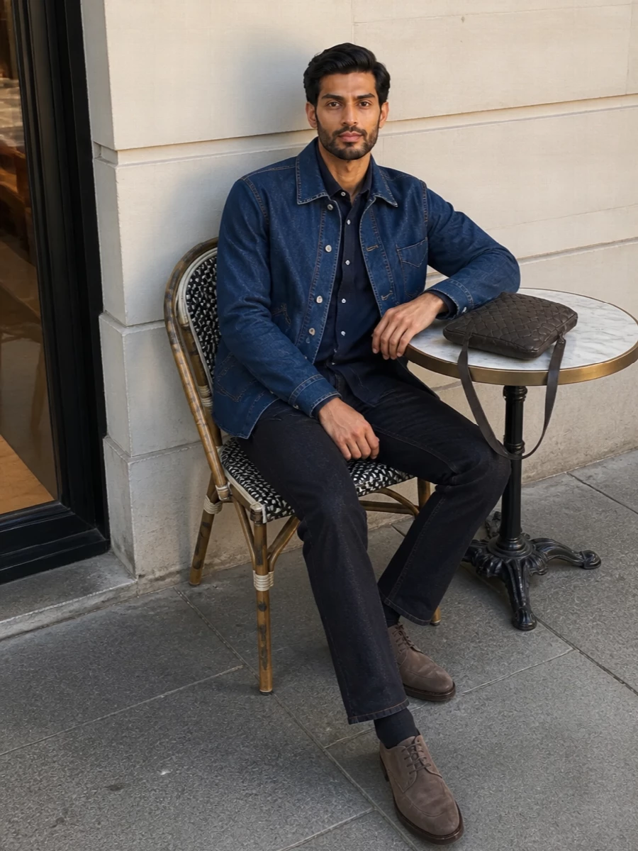 Brunello cucinelli denim jacket dark jeans outfit