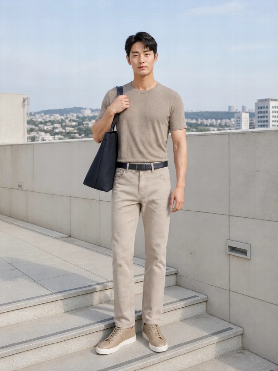 Emporio armani taupe tee beige jeans outfit