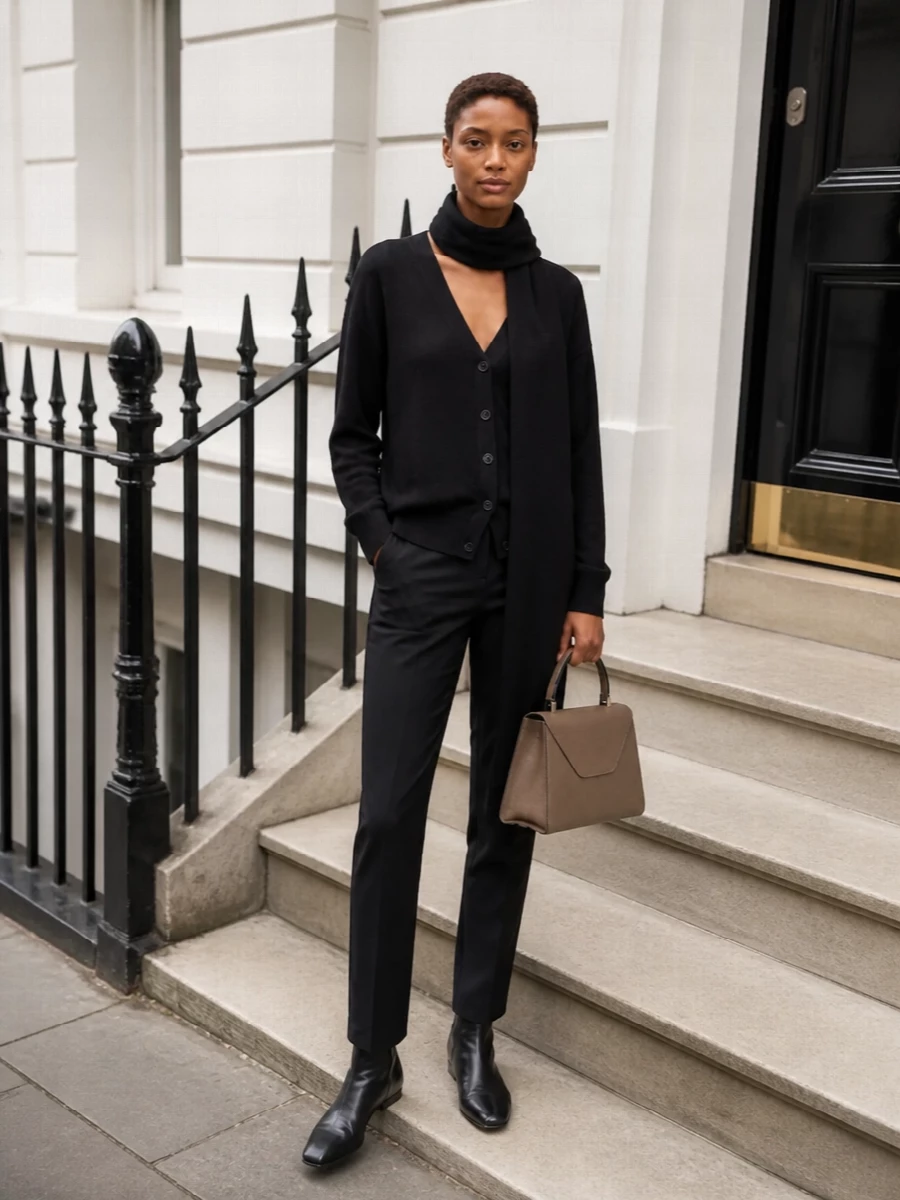 Extreme cashmere cardigan black trousers outfit