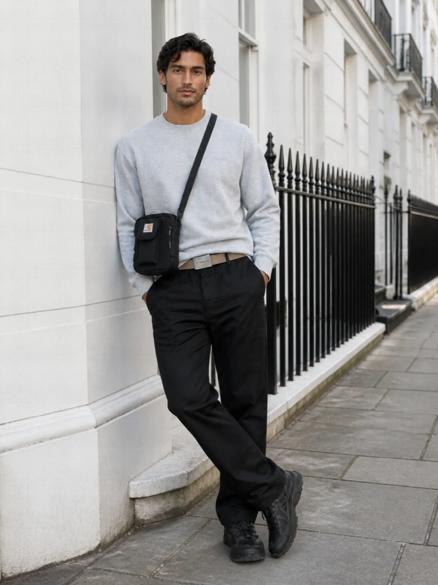 Straight-leg black work pants sit under a light grey crew, keeping the palette calm and low contrast. Technical black runners and a compact crossbody keep the energy practical and city ready. The webbing belt adds just enough neutral warmth to stop the monochrome from feeling flat.