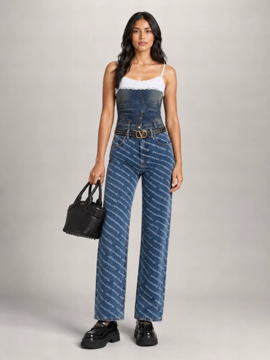 Alexander Wang Printed Denim Mid-Rise Straight-Leg Jeans
