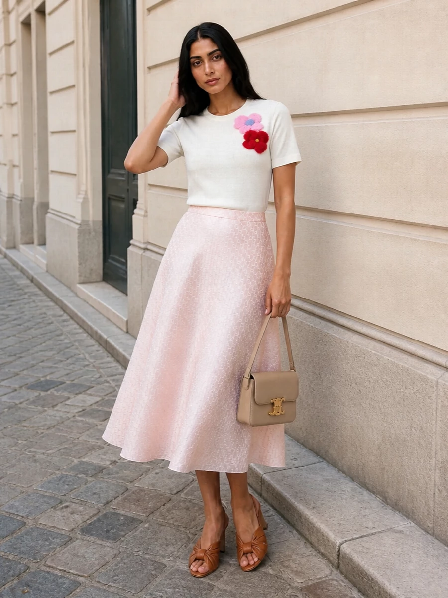 Ivory floral tee blush jacquard midi skirt outfit
