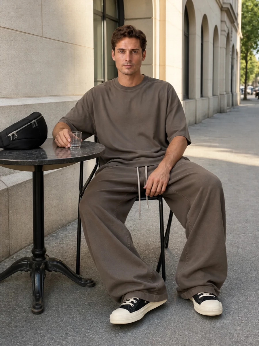 Washed taupe on taupe sets a calm, monolithic base, with the oversized tee collapsing into the ultra-wide, pooling trouser for a deliberately slouched Rick uniform. Graphic black high-tops and a padded belt bag bookend the volume, keeping the mood grounded and urban rather than floaty. The result is a quiet, monochrome streetwear setup that feels considered without losing its nonchalant attitude.