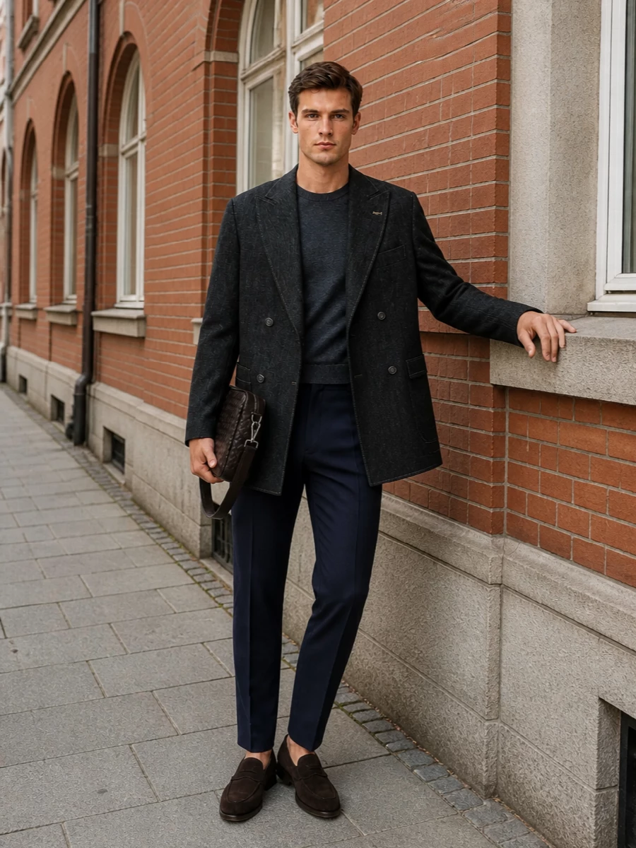 Brunello cucinelli charcoal coat navy trousers