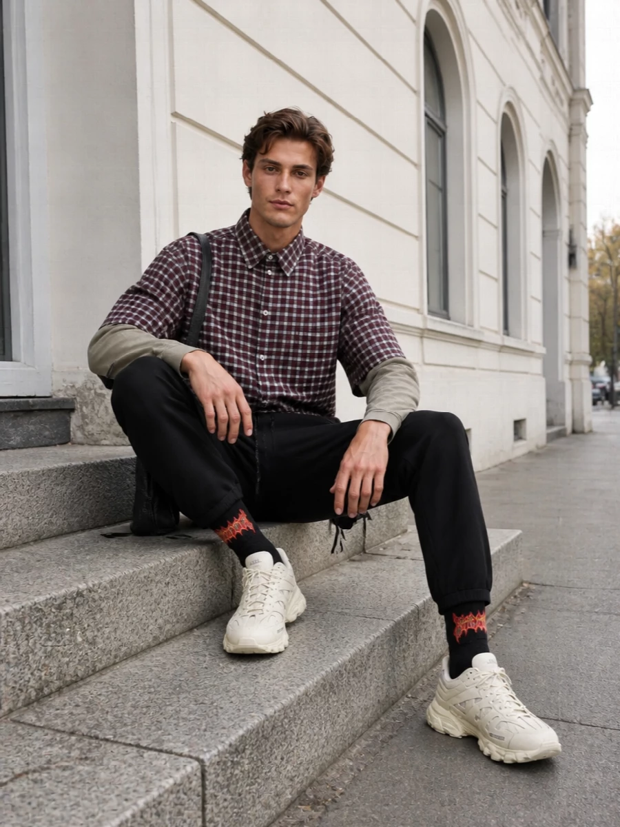 Balenciaga’s layered check shirt sits over clean black drawstring trousers, mixing skater nostalgia with a sharp, modern line. Cream runners and a slouchy charcoal shoulder bag keep the palette grounded in warm neutrals and deep greys, so the checks stay the focus. Flame-logo socks are the only loud note, a small flash of attitude that makes the whole styling feel intentional.