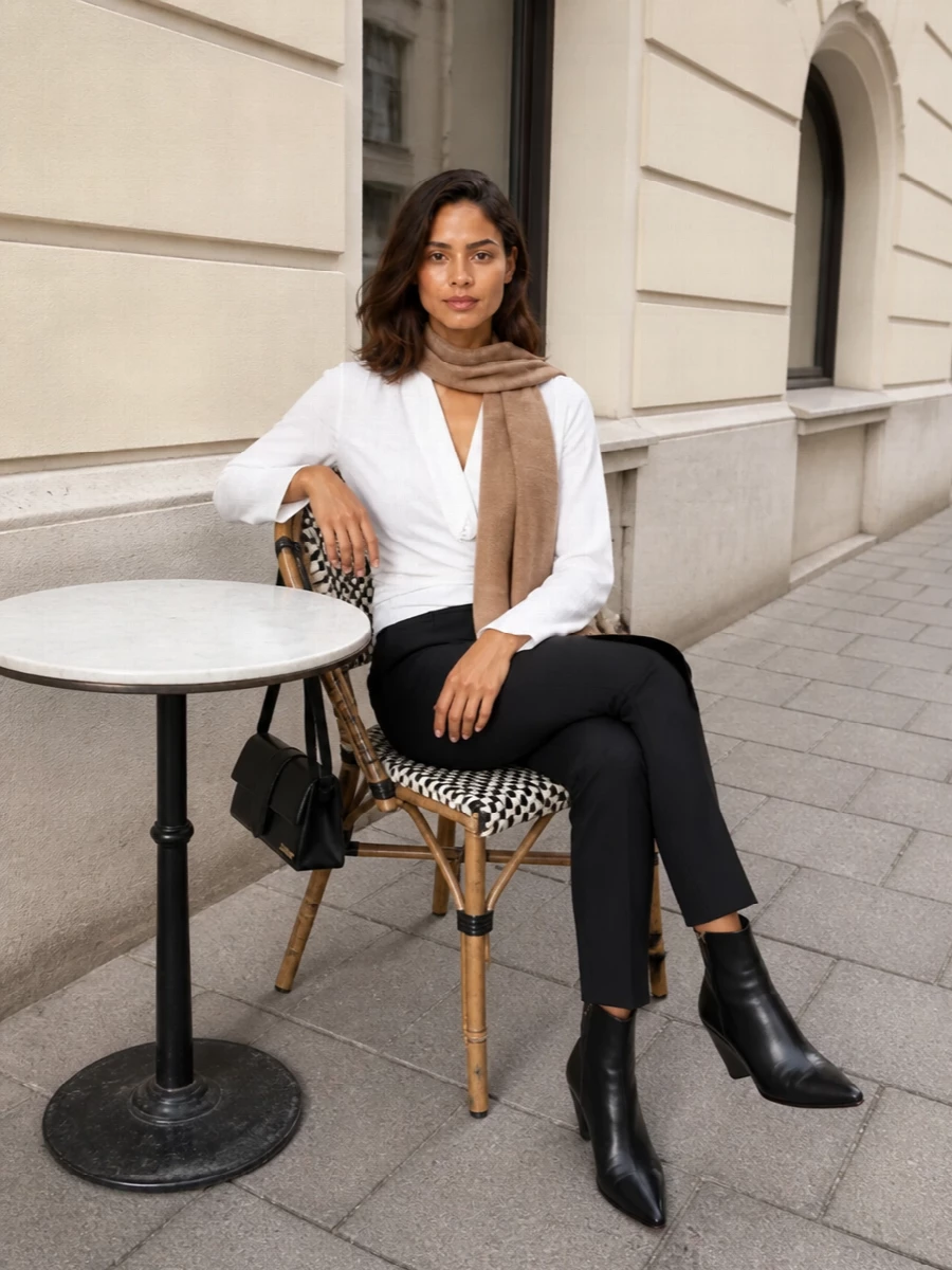 A crisp white blouse meets slim ivory tailoring for a long, clean line that feels calm and precise. Black pointed boots and a structured shoulder bag ground the light palette, adding just enough contrast for dinners or refined days in the city.