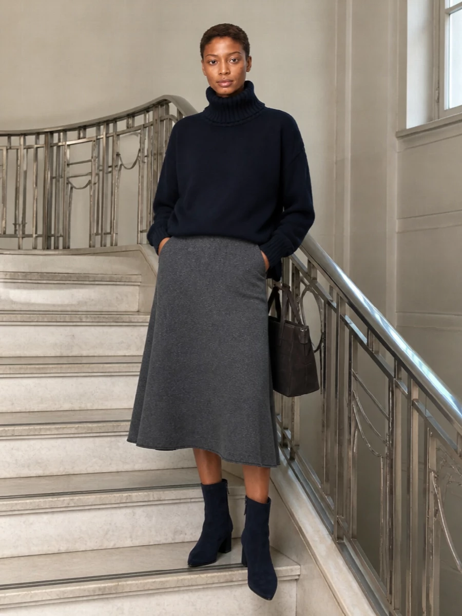 Extreme cashmere navy sweater midi skirt outfit