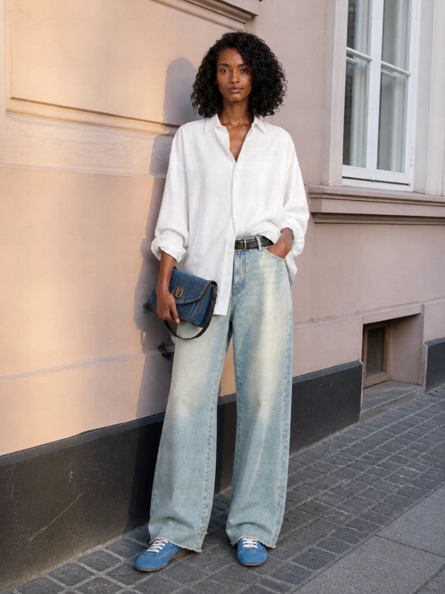 Darkpark wide leg jeans white shirt prada sneakers
