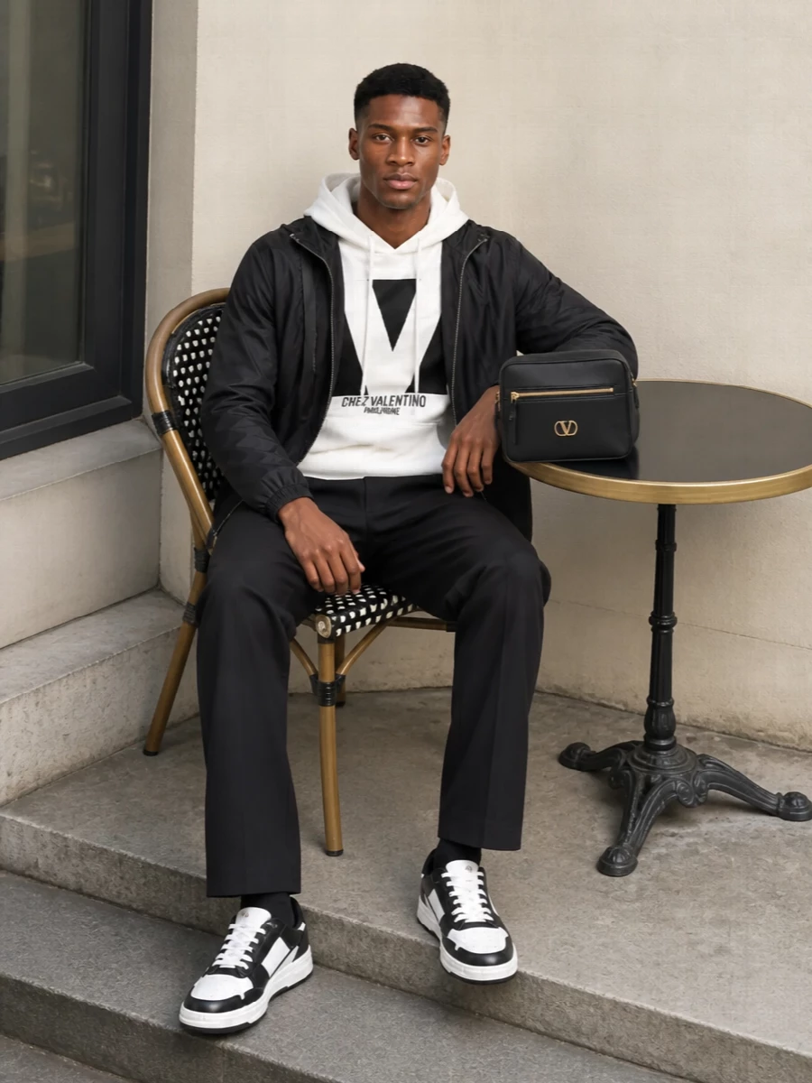 Valentino garavani black windbreaker hoodie outfit