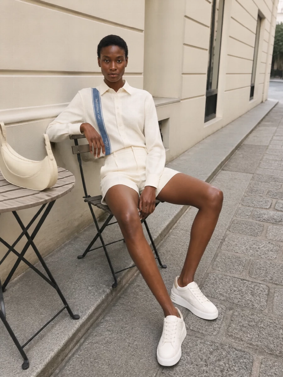 JW Anderson’s cropped shirt sits neatly over the high-rise Brioni shorts, keeping the torso clean and the leg line long for a crisp, tailored take on summer neutrals. The ivory Hogan platforms and sculpted McQueen cross-body stay in the same whisper-soft palette, so the subtle logo stripe and sharp pleats quietly do the talking. It reads polished and precise, but still easy enough for warm city days and understated dinners alike.