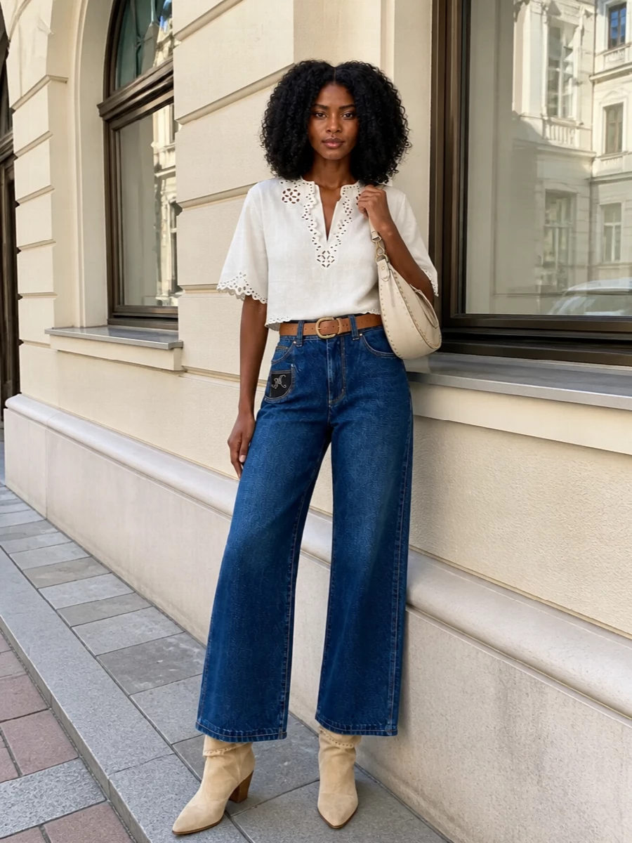 Isabel marant wide leg jeans ivory blouse outfit