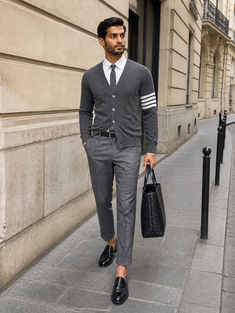Charcoal and mid‑grey tailoring is sharpened into a modern collegiate uniform: the fine V‑neck cardigan sits neatly over a crisp shirt, tucked into cropped grey trousers with disciplined turn‑ups. Polished black penny loafers and a woven black tote keep the palette clean and elevated, while a discreet textured belt finishes the look with quiet, crafted structure—ideal for a refined SS office or city routine.
