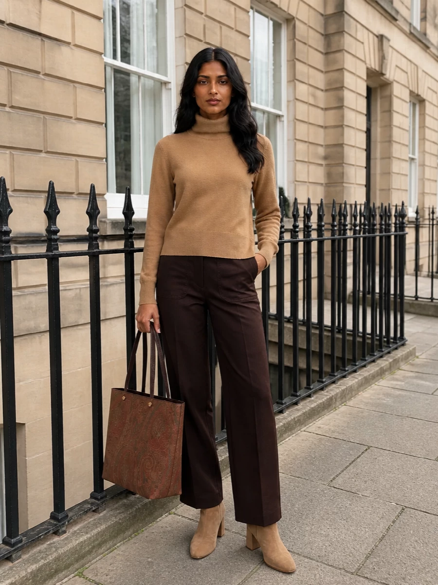 A camel Totême turtleneck paired with Victoria Beckham’s deep chocolate tailored trousers creates a long, quiet-luxury column that mirrors the bag’s russet and cocoa tones. Fabiana Filippi’s camel suede ankle boots keep the palette soft and tonal, giving the paisley tote center stage while staying polished enough for office days and dinner after. Choosing knitwear and tailoring over a dress keeps the mood relaxed yet refined, perfectly in step with the tote’s everyday city character.