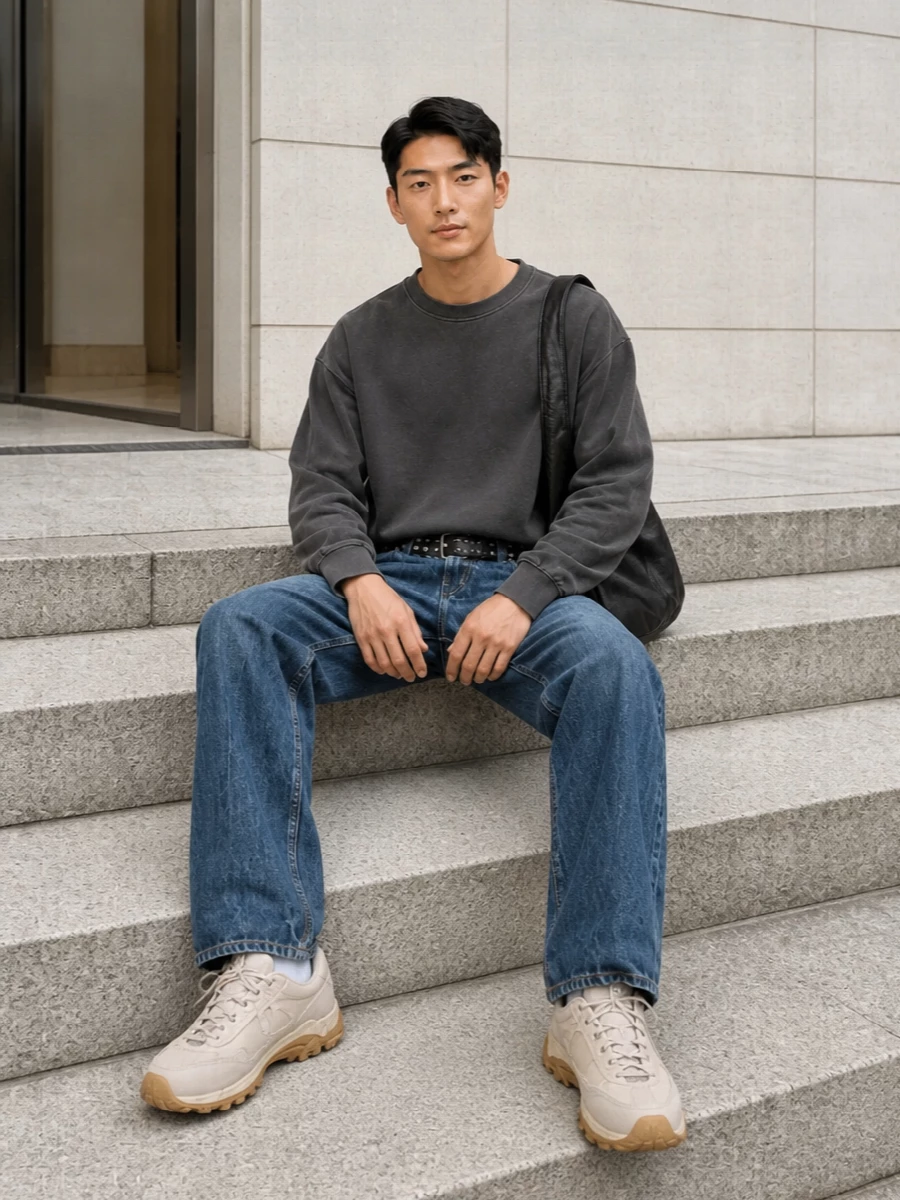 Our legacy jeans charcoal top beige sneakers