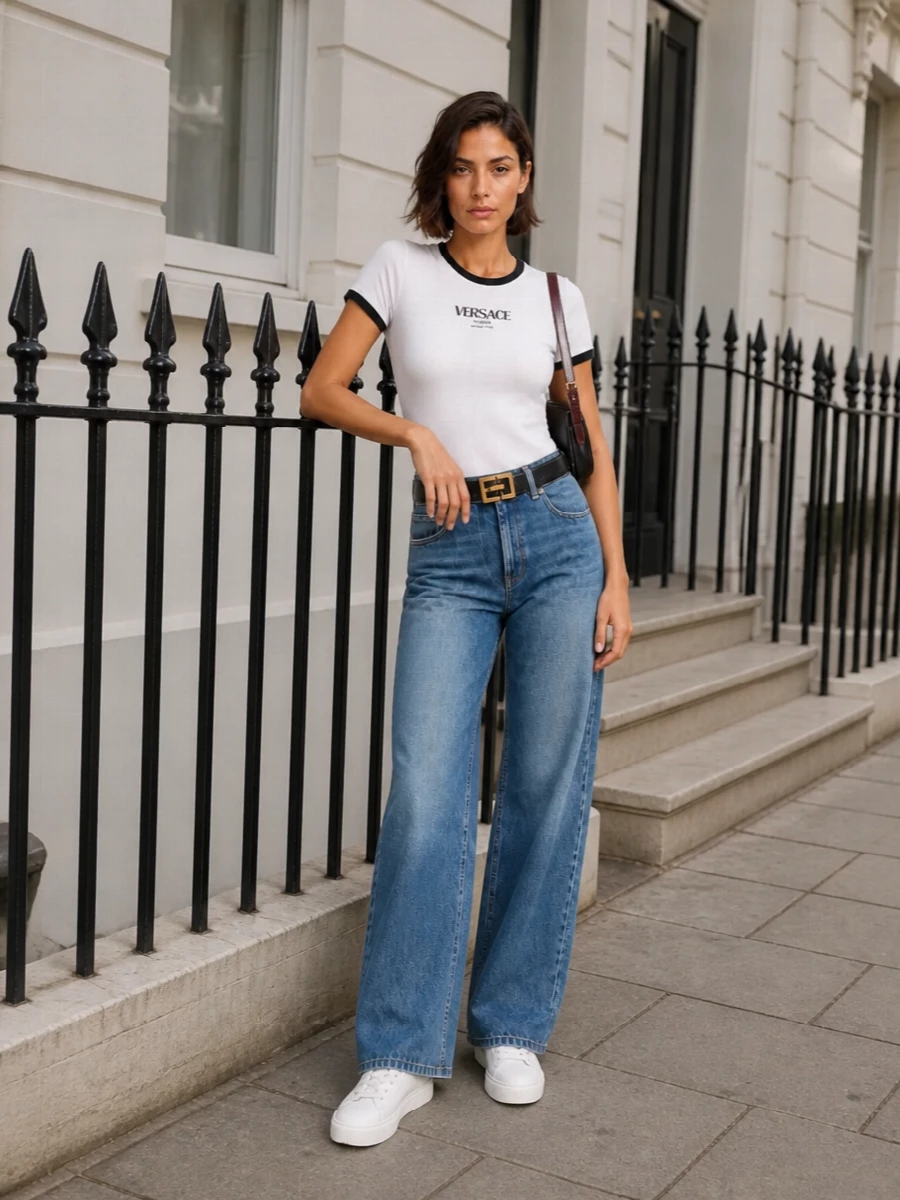 Versace logo tee wide leg jeans white sneakers