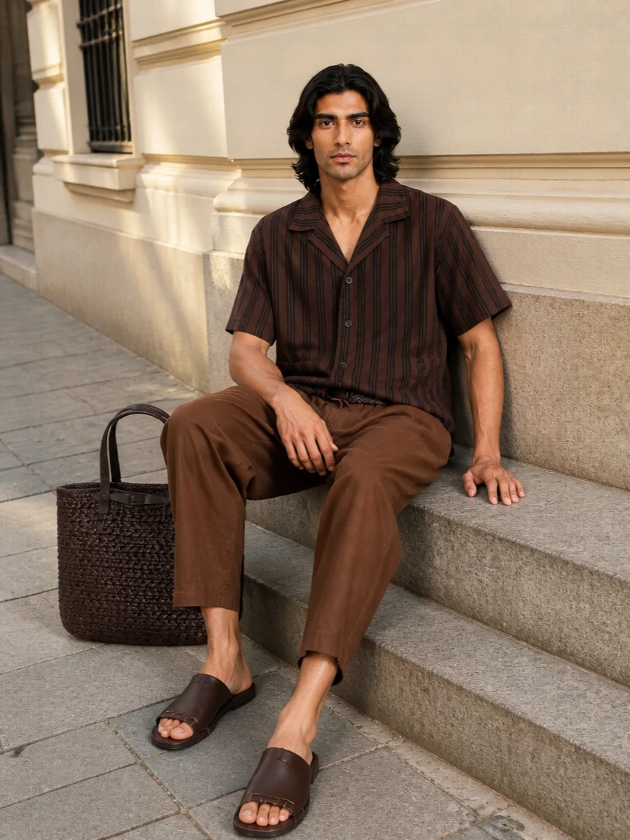 Uma wang camp shirt brown cropped trousers outfit