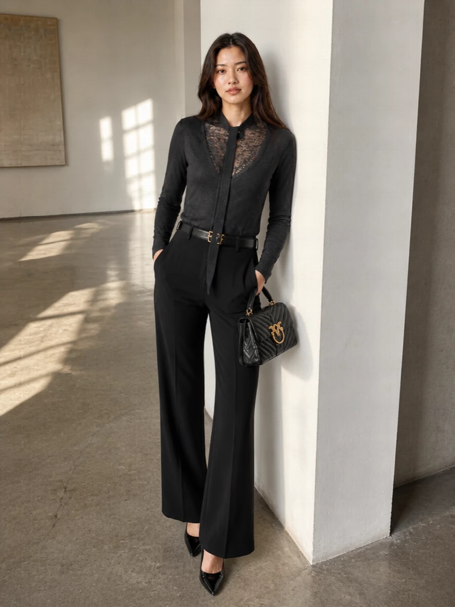 Pinko lace knit black wide leg trousers outfit