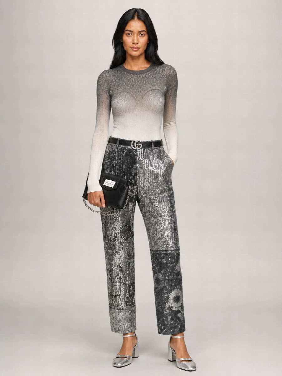 Maison Margiela Silk Patchwork Sequin Straight Trousers
